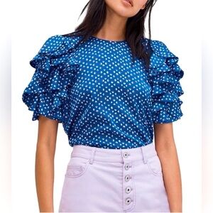Kate Spade Geo Dot Satin Blouse with Ruffle Puff Sleeve